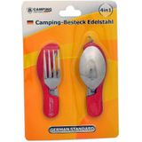 4-in-1 Inklapbaar Camping Bestek - Vork / Lepel / Mes / Flesopener - Roestvrij staal - Survival Bestek - Rood