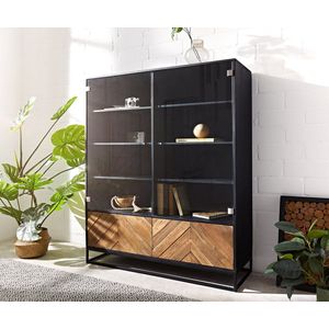 Vitrinekast Famke Mango Teak 120 cm 2 glazen deuren en 2 houten deuren Highboard