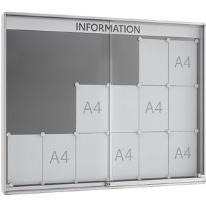 Schuifdeurvitrine, uitwendige diepte 60 mm, B1, 18 x A4, frame met ronde hoeken