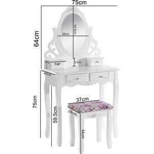 WOLTU MB6024cm Cosmetische tafel met spiegel en 4 lades,Kaptafel Make-up tafel 75x139x40cm in MDF met kruk,Wit