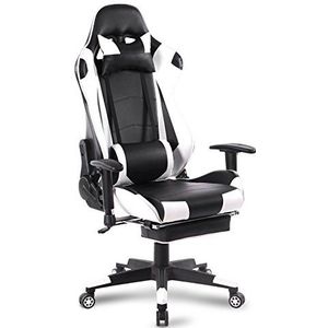 WOLTU BS14ws Gaming stoel in Kunstleer met hoofdsteun en voetensteun,Computer stoel Bureaustoel ergonomisch verstelbaar en roterend,Wit Zwart
