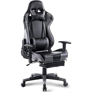 WOLTU BS14gr Gaming stoel in Kunstleer met hoofdsteun en voetensteun,Computer stoel Bureaustoel ergonomisch verstelbaar en roterend,Grijs Zwart
