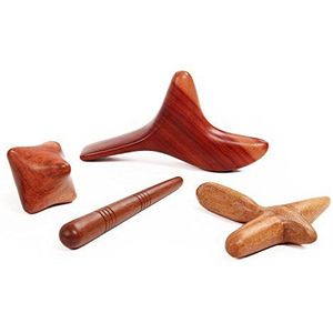 Fascia Tools: set van 4 massagehoutsoorten: kubus, massagekruis, Birdy & massagestokjes, massagehulp voor Thaise massage, triggerpointmassage,