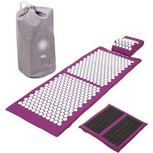 Bodhi VITAL Acupressuurmat XL Deluxe-set Spiky | Massagemat in set met naaldkussen, deurmat & tas | zelfmassage voor thuis | Fakirmat tegen nek en rugpijn | aubergine