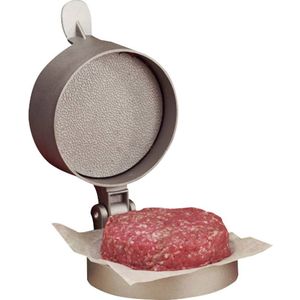In hoogte verstelbare hamburgerpers van gegoten aluminium voor het maken van perfect gevormde hamburgers.