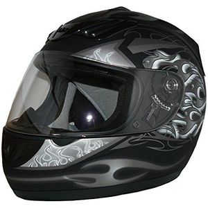 Protectwear H-510-GR-S Motorhelm, integraalhelm met vlammendesign in zwart-zilver-wit-mat, maat S