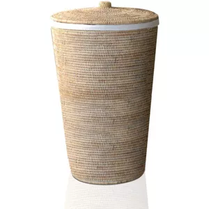 Rieten afvalmand geweven wasmand met deksel, ronde opbergmand voor dekentussens, vuile kleding, wasmand voor slaapkamer, woonkamer, badkamer, kinderkamer, geweven vuilnismand