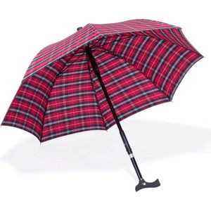 Paraplu Twin met houtgreep – Ø 105 cm – 2-in-1 wandelstok & paraplu – handstok, loophulp, loopsteun – in hoogte verstelbaar – rood/blauw geruit design