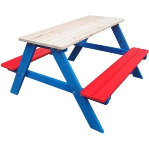 Picknicktafel, picknickbank kinderen, grenen hout, rood, wit, blauw