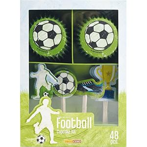 DECOCINO Muffinset voetbal 48-delig - 24 cupcake-vormpjes met Ø 5 cm & 24 muffintoppers van papier, ideale decoratie voor kinderverjaardagen en themafeestjes