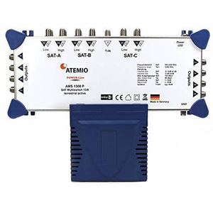 Atemio AMS1308P Multischakelaar Power-Line, 3 satellieten voor maximaal 8 deelnemers/ontvanger (UHD, 4K, HDTV, actief terrestrik) wit/blauw
