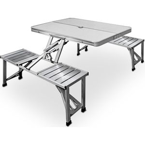 Picknick Tafel Campingtafel - Blad van Hout en Zitting Aluminium -  Voor 4 Personen - Wit 