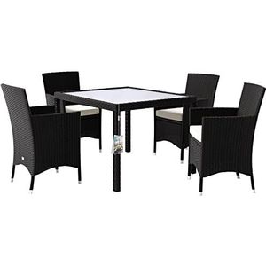 Deuba Poly Rotan Tuin Meubilair Eettafel en Stoelen Set Rechthoekig Glazen Tafelblad Stapelbaar Beige of Zwart Buiten Patio Dineerset Zwart