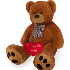 Deuba Knuffelbeer Valentijnsdag XXL 150cm Bruin incl. Hart Kussen Ø 32cm I LOVE YOU Knuffel Beer Teddybeer