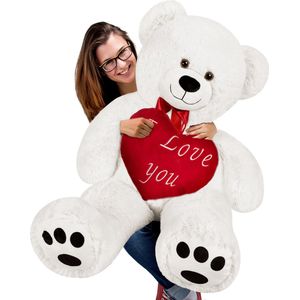 Knuffel-teddybeer XXL wit incl. hartkussen- 148cm-Valentijn-Valentijnscadeau-beer