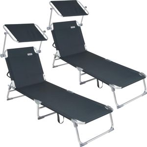 Casaria Gartenliege Ibiza, 2 St., Sonnenliege Klappbar 2er Set mit Dach Liegestuhl Garten Faltbar Grau