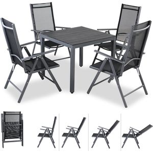 Tuinset - Aluminium - Grijs - 5-delige Set met Tuintafel en Klapstoelen