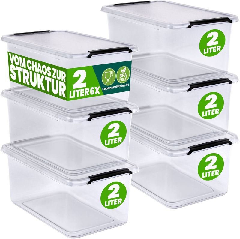 DEUBA Opbergbox Set van 6 - 2l BPA Vrij Stapelbaar - 19,5x15x11,5cm