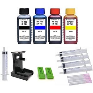 Navulset - 4 x 100 ml navulinkt compatibel met HP 300 + HP 901 zwart en kleur inktcartridges. 100 ml elk 100 ml zwart, cyaan, magenta, geel, adapter, vulinstructies, accessoires