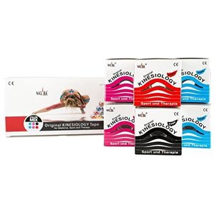 Nasara Originele kinesiologie fysio sport tape: doos van 6 met 6 tapes voor sport en geneeskunde, rol grootte 5cm x 5m, mix met rood