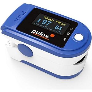 Puloximeter Pulox PO-200A Solo met alarm en pulstoon in blauw voor het meten van polsslag, zuurstofsaturatie en PI op de vinger