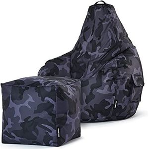 Green Bean© Set van 2 Beanbag + Kruk - voorgevuld - Duurzaam Afwasbaar Vlekbestendig - Beanbag voor kinderen & volwassenen Vloerkussen Lounge Kruk Relax fauteuil Gamingstoel Poef - Camouflage zwart