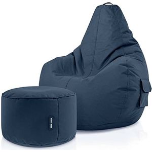 Green Bean© Set van 2 zitzak+kruk - klaar gevuld - robuust wasbaar vuilafstotend - kinderen & volwassenen Bean Bag vloerkussen lounge zitkruk relaxstoel gamingstoel poef - donkerblauw