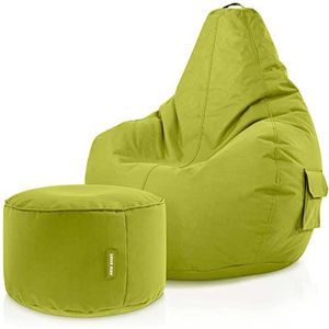 Green Bean© Set van 2 zitzak+kruk - klaar gevuld - robuust wasbaar vuilafstotend - kinderen & volwassenen Bean Bag vloerkussen lounge zitkruk relaxstoel gamingstoel poef - groen