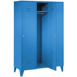 Wolf Stalen locker met kastpoten, compartimenten kasthoog, massieve deuren, compartimentbreedte 400 mm, 3 compartimenten, lichtblauw