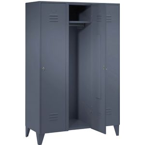 Wolf Stalen locker met kastpoten, compartimenten kasthoog, massieve deuren, compartimentbreedte 400 mm, 3 compartimenten, blauwgrijs
