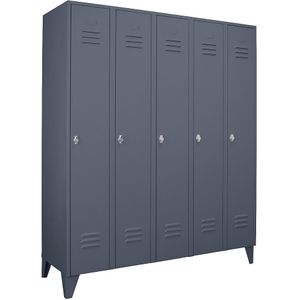 Wolf Stalen locker met kastpoten, compartimenten kasthoog, massieve deuren, compartimentbreedte 300 mm, 5 compartimenten, blauwgrijs