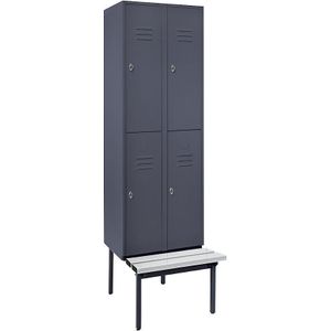 Wolf Lockerkast Berlin 2 met twee verdiepingen en zitbank, 2 compartimenten, blauwgrijs, breedte 600 mm, 4 vakken