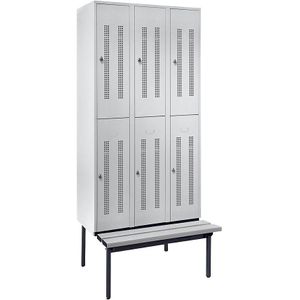 Wolf Lockerkast Berlin 1 met twee verdiepingen en zitbank, 3 compartimenten, lichtgrijs, breedte 900 mm, 6 vakken
