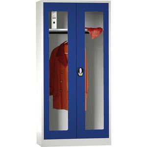 Wolf Garderobe-vleugeldeurkast met E-slot, met vensterdeuren, lichtgrijs/gentiaanblauw