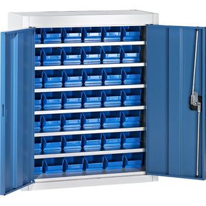 mauser Magazijnkast met magazijnbakken, h x b x d = 820 x 680 x 280 mm, tweekleurig, kastframe grijs, deuren blauw, 42 bakken