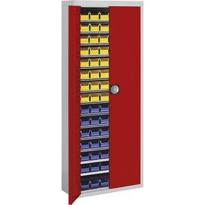 mauser Magazijnkast met magazijnbakken, h x b x d = 1740 x 680 x 280 mm, tweekleurig, kastframe grijs, deuren rood, 90 bakken