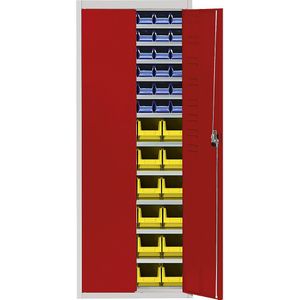 mauser Magazijnkast met magazijnbakken, h x b x d = 1740 x 680 x 280 mm, tweekleurig, kastframe grijs, deuren rood, 60 bakken