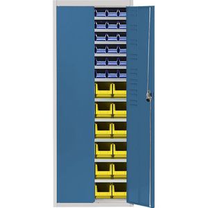 mauser Magazijnkast met magazijnbakken, h x b x d = 1740 x 680 x 280 mm, tweekleurig, kastframe grijs, deuren blauw, 60 bakken