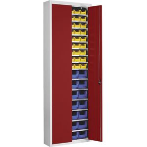 mauser Magazijnkast met magazijnbakken, h x b x d = 2150 x 680 x 280 mm, tweekleurig, kastframe grijs, deuren rood, 82 bakken