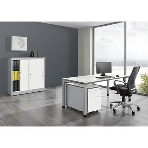 mauser Complete kantoorwerkplekinrichting ARCOS, bureau, schuifdeurkast, verrijdbaar ladeblok met hangmappenlade, blank aluminiumkleurig / zuiverwit