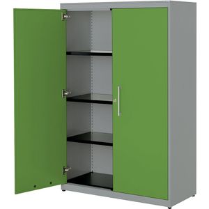 mauser Vleugeldeurkast, h x b = 1516 x 1000 mm, stalen blad, 3 legborden, blank aluminiumkleurig / geelgroen / blank aluminiumkleurig