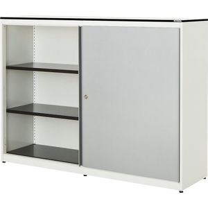mauser Schuifdeurkast, h x b x d = 1168 x 1600 x 432 mm, blad met massieve kern, 2 x 2 legborden, zuiver wit / blank aluminiumkleurig / wit