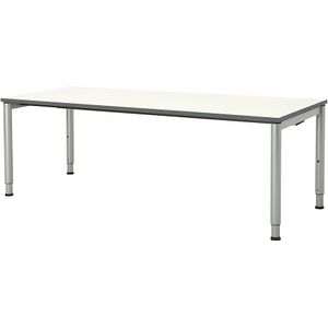 mauser Rechthoekige tafel, voetvorm van ronde buis, h x b = 650 - 850 x 2000 mm, blad wit, onderstel aluminiumkleurig