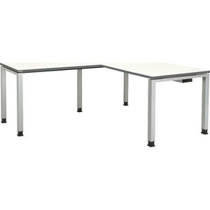 mauser Bureautafel, aaneengeschakeld, voet van vierkante / rechthoekige buis, hoogte 760 / 850 mm, met hoekaanzet, h x b x d = 760 x 1600 x 800 mm, wit/aluminiumkleurig, hoekaanzet links (b = 1000 mm)