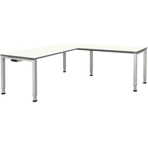 mauser Bureautafel, aaneengeschakeld, voet van vierkante / rechthoekige buis, hoogte 760 / 850 mm, met hoekaanzet, h x b x d = 850 x 1800 x 800 mm, wit/aluminiumkleurig, hoekaanzet rechts (b = 1200 mm)