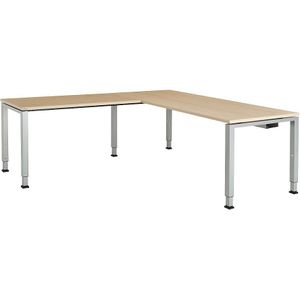 mauser Bureautafel, aaneengeschakeld, voet van vierkante / rechthoekige buis, hoogte 760 / 850 mm, met hoekaanzet, h x b x d = 850 x 1800 x 800 mm, ahornhoutdecor/aluminiumkleurig, hoekaanzet links (b = 1200 mm)
