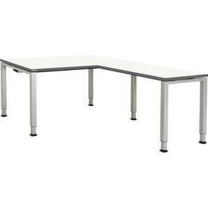 mauser Bureautafel, aaneengeschakeld, voet van vierkante / rechthoekige buis, h x b x d = 650 - 850 x 1600 x 900 mm, hoekaanzet rechts (breedte 1000 mm), blad wit, onderstel aluminiumkleurig