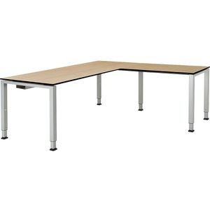 mauser Bureautafel, aaneengeschakeld, voet van vierkante / rechthoekige buis, hoogte 760 / 850 mm, met hoekaanzet, h x b x d = 850 x 1800 x 800 mm, ahornhoutdecor/aluminiumkleurig, hoekaanzet rechts, (b = 1000 mm), massief werkblad