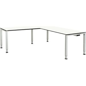 mauser Bureautafel, aaneengeschakeld, voet van vierkante / rechthoekige buis, hoogte 760 / 850 mm, met hoekaanzet, h x b x d = 850 x 1800 x 800 mm, wit/aluminiumkleurig, hoekaanzet links (b = 1000 mm), massief werkblad