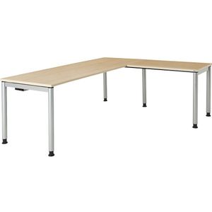 mauser Schrijftafel, aaneengeschakeld, voetvorm in ronde buis, diepte 800 mm, met hoekaanzettafel, h x b = 680 - 760 x 2000 mm, ahornhoutdecor / aluminiumkleurig, hoekaanzet rechts